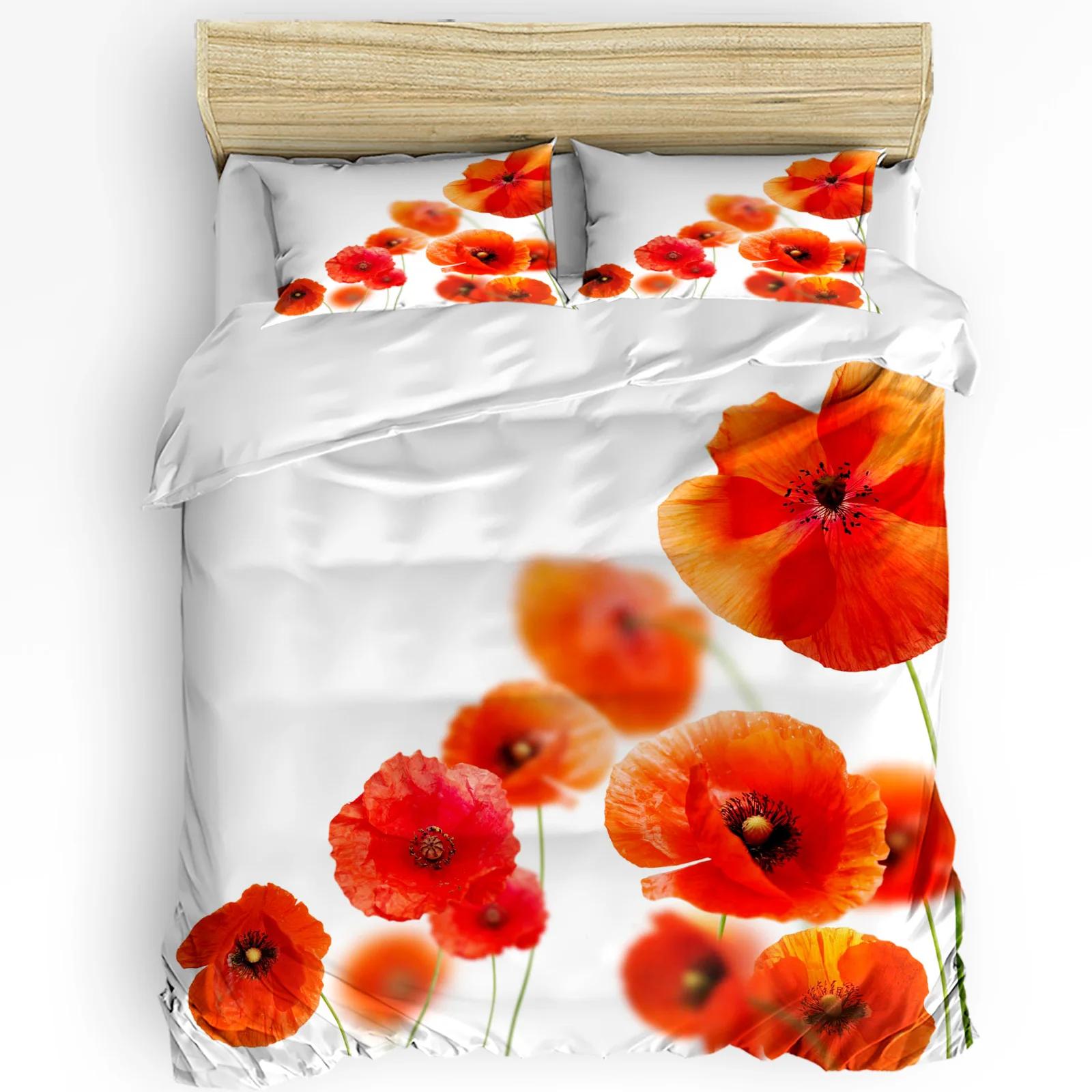 Plant Red Poppy Flower White Bedding Set 3pcs Duvet Cover Pillowcase Kids Adult Quilt Cover Double Bed Set Home Text